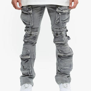 تصنيع المعدات الأصلية بنطلون رجالي وبنطلون مخصص عالي الخصر نحيف قطن متعدد الجيوب سراويل جينز كاكي للرجال مغسولة جينز مضيئة مكدسة - Product Image 5