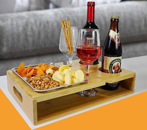 أريكة من الخيزران صندوق الوجبات الخفيفة زجاجة النبيذ حامل كوب المشروبات صينية حامل أريكة الخادم المنظم أريكة صديقة أريكة الحانة والوجبات الخفيفة وحدة التحكم على الأريكة - Product Image 2