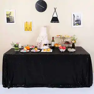 Grosir taplak meja pesta perjamuan pernikahan penutup taplak meja persegi panjang Glitter 90x156 inci payet hitam