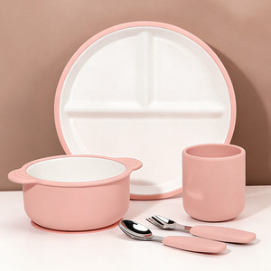 Children's Silicone Feeding <b>Set</b> Bowl Plate Fork Spoon Bpa Free Food Grade 0-12 Months Simple Style - Product Image 1