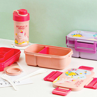 Boîte à lunch de dessin animé avec ensemble gourde pour étudiants et adultes, boîte à lunch de travail double couche avec fourchette 1800ml et tasse à boisson 500ml