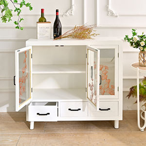 Armoire de rangement moderne de style ferme en bois blanc faite à la main ART NEST avec 3 tiroirs et portes en verre pour le salon et la salle à manger - Product Image 3