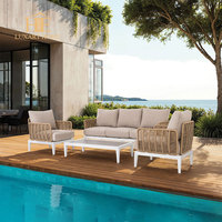 Ensemble de salon de jardin moderne en rotin tressé avec table basse en teck, 4 pièces, résistant à l'eau, pour l'extérieur