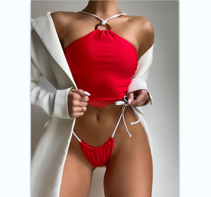 2022 Halter Braziliaanse Effen Kleur Aziatische Vrouw In Bikini Badmode Bad Pak Backless Badpak - Product Image 1