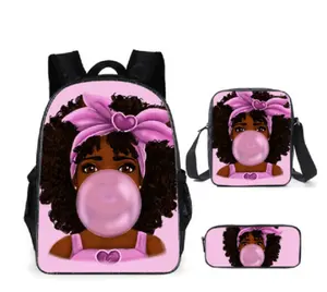 ขายส่งที่กำหนดเอง Back To School กระเป๋าเป้สะพายหลังเด็กโรงเรียนกระเป๋าสีดำอเมริกันศิลปะแอฟริกันหญิง Mochila 3ชิ้น/เซ็ตกระเป๋าสำหรับหญิง