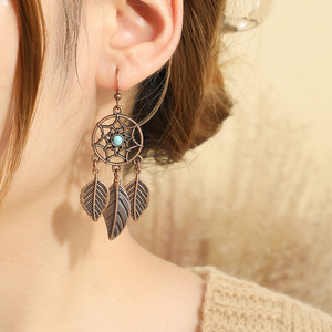 Conjunto de collar y aretes Bohemian Dreamcatcher, aleación de cobre, chapado en bronce antiguo, diseño de plumas, conjunto de joyería para mujer - Product Image 3