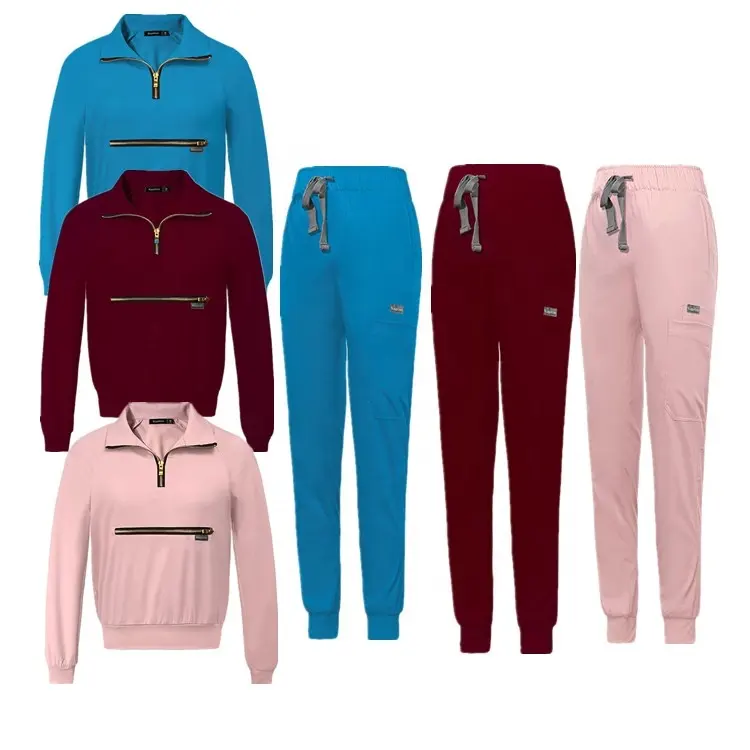 Giacca con zip personalizzata con logo oem da donna da uomo infermiera medico ospedale uniforme elastica medica top jogger pant scrubs set scrub suit