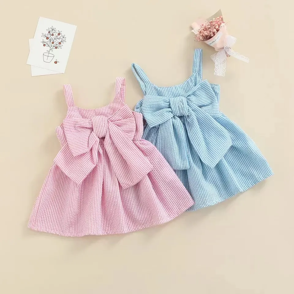 MIOZING-vestido sin mangas para niñas pequeñas, vestido de verano a rayas con lazo frontal, moda de princesa, informal