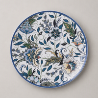 Assiettes à dîner en céramique imprimée florale Lot de 4 assiettes modernes en grès bleu Vaisselle élégante pour la maison et le restaurant
