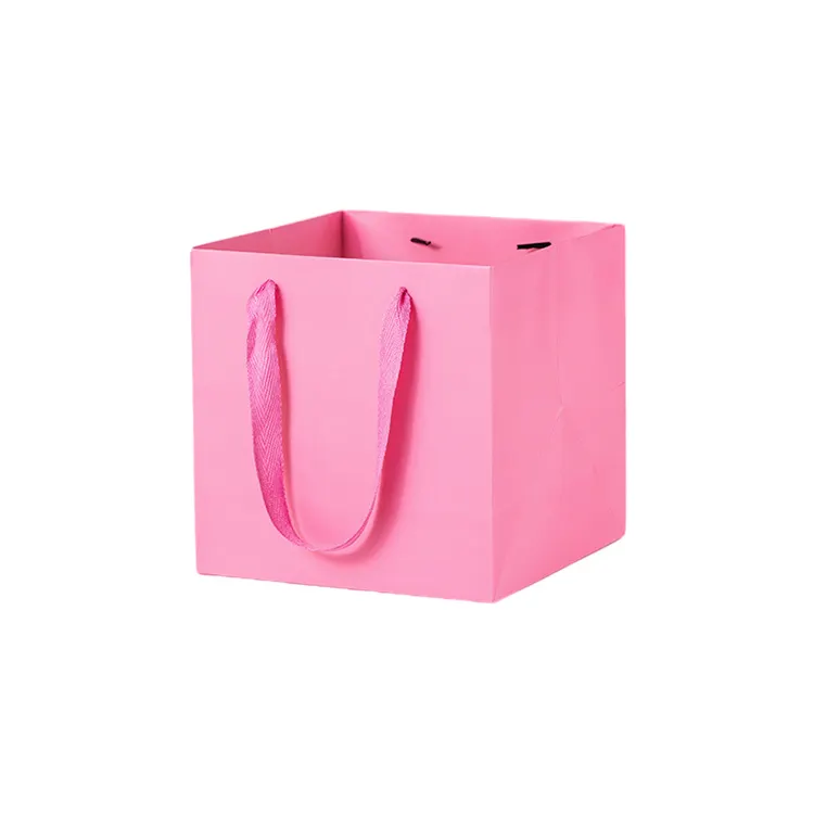 Tas kertas cetak promosi Logo belanja persegi kustom tas kertas merah muda Kraft untuk perusahaan