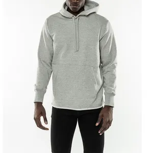 High quality organic cotton Regular Fit Grey solid color Plain drawstring Cut Bottom raw edge hoodies for men
