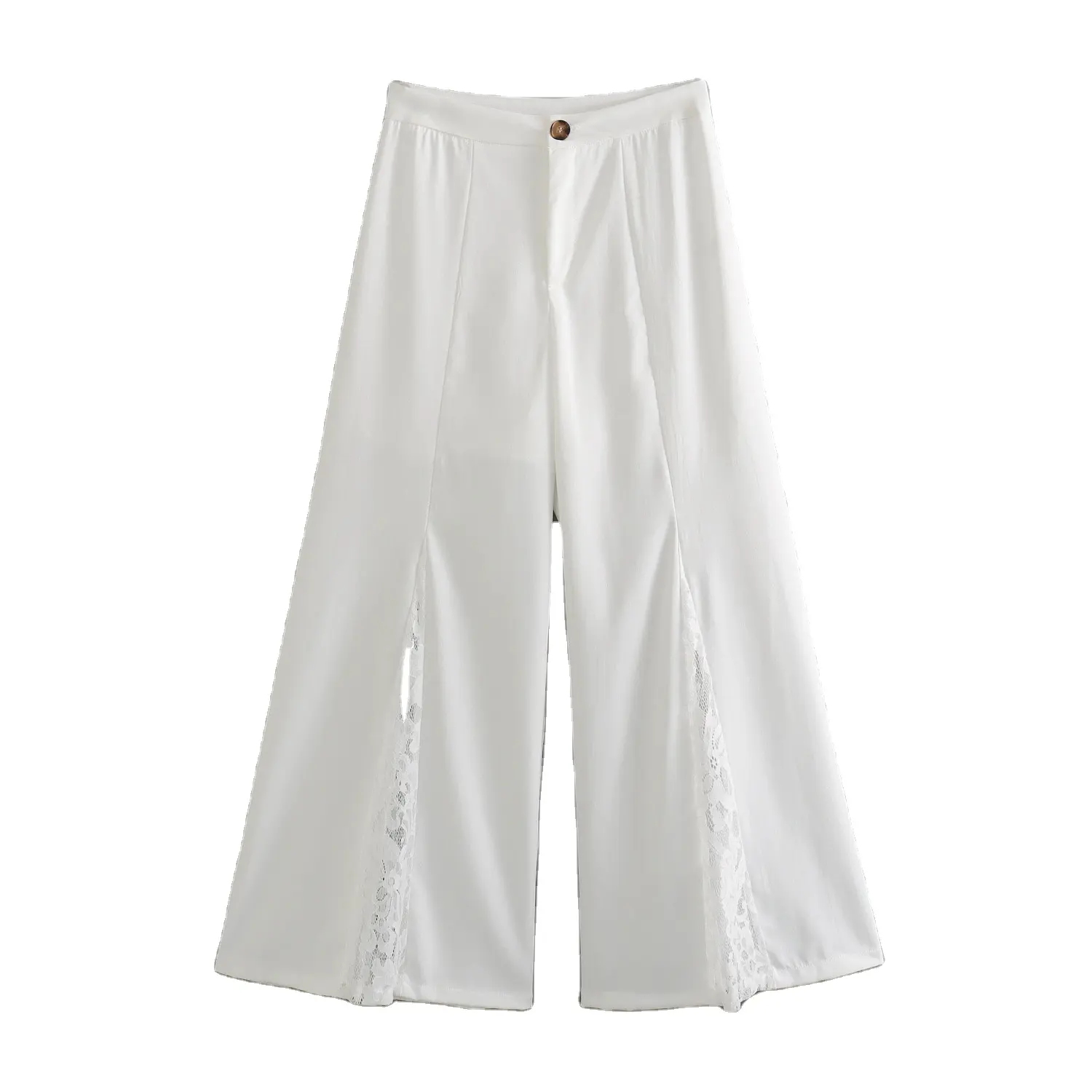 Wide leg design white color front lace zipper fly casual fashion long pants for women