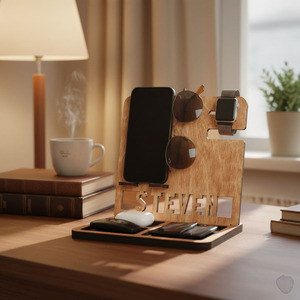 Wooden Phone Stand Desktop Storage <b>Rack</b> Multi Functional Holder For Watches <b>Glasses</b> Keychains Natural Wood Color Rectangle Shape - Product Image 3