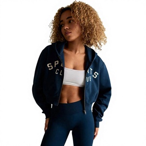 <b>Women's</b> Navy Blue Cropped Hoodie <b>Zip</b>-<b>Up</b> Sweatshirt With Sports Club Logo Front Knitted Casual Wear Autumn Style - Product Image 1