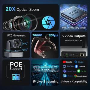 กล้องวิดีโอคอนเฟอเรนซ์ Zoom Certified Tenveo VL20N <span class=keywords><strong>NDI</strong></span> ซูม 20 เท่า ความละเอียด 1080P 60fps รองรับ USB HDMI LAN AI ติดตามอัตโนมัติ สำหรับ Zoom Skype <span class=keywords><strong>OBS</strong></span> - Product Image 2