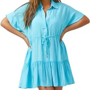 Robe d'été pour dames Tissu de haute qualité Coupe ample Col V Taille naturelle Style plage Robe décontractée au prix de gros