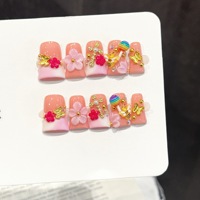 Kuku Akrilik Peach Pink French Press-on Bentuk Coffin Panjang Sedang Hiasan Bunga 3D Lebah Emas Kupu-kupu Mutiara Bersertifikat CE