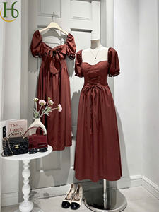 Vestido Midi de Línea A con Mangas Abullonadas y Cordones de Encaje Tejido Natural, Vestido Elegante para Fiesta, Servicio OEM - Product Image 2