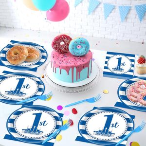 Assiettes jetables brodées et gaufrées de haute qualité, thème bleu, décoration de fête de 1er <span class=keywords><strong>anniversaire</strong></span> pour bébé garçon, fournitures de <span class=keywords><strong>table</strong></span> - Product Image 3