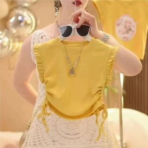 Nueva moda <span class=keywords><strong>2</strong></span> uds. Conjunto de ropa para niñas Camiseta de punto sin mangas con volantes sólidos + Pantalones cortos vaqueros trajes para niñas - Product Image 4