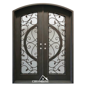 Porte extérieure double en <span class=keywords><strong>fer</strong></span> <span class=keywords><strong>forgé</strong></span> et verre de luxe avec dessus arqué pour entrée de villa - Product Image 2