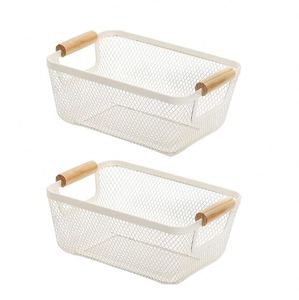 Cesta de alambre metálico con asas de madera, organizador de almacenamiento de malla de acero, contenedores para cocina, nevera, frutas, maquillaje, aperitivos, regalos - Product Image 2