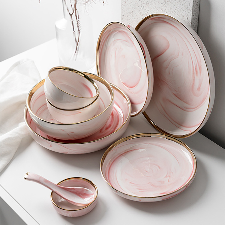 Luxury Pink Marble Dinnerware Set – Ceramic Plates with Gold Rim for Elegant Dining - View 3