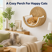 Lit mural tressé pour petits chats, nid suspendu en herbe pour animaux de compagnie avec coussin en peluche blanche, décoration bohème naturelle, maison ronde pour chat pour la maison