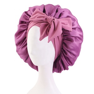 Logo personnalisé réglable femmes Double couche large bande sommeil <span class=keywords><strong>bonnet</strong></span> de nuit tresse soie Satin doublé Designer cheveux Bonnets avec de longues cravates - Product Image 6