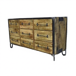 Buffet industriel en bois à 9 tiroirs avec structure et poignées métalliques, finition rustique artisanale, meuble de maison pour salon - Product Image 1