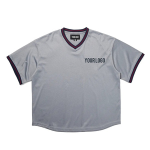 Maillot de baseball Healy personnalisé gris en maille, col en V, manches courtes, unisexe adulte, respirant, haut de sport avec logo imprimé sur le devant - Product Image 1