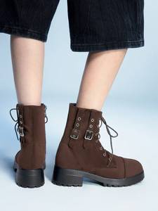 Trendy Ladies Faux Suede Combat <strong>Boots</strong> Dark <strong>Brown</strong> <strong>Lace</strong> up Side Zip Buckle Strap Block Heel Platform Ankle <strong>Boots</strong> for Daily Wear - Product Image 1