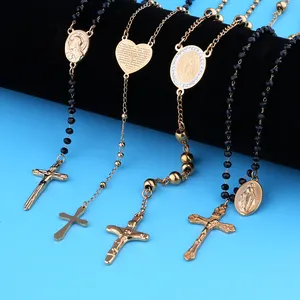 Religious Stainless Steel Jewelry Catholic Islamic Muslim Orthodox Cross Pendant Prayer Beads Chain Gold Plated Rosary Necklaces