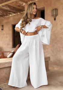 Damen Casual Vacation Style Sommer kragen Short Top High Waist Loose Pants 2-teiliges Set - Product Image 2