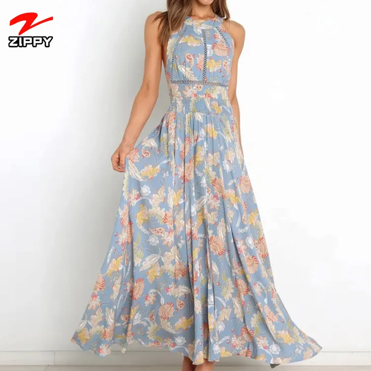 Wholesale Cheap Factory Summer Boho Sexy Floral Dress Women Casual Beach Maxi Chiffon Sleeveless Strap Dresses