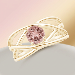Bague solitaire ronde en pierre précieuse rose poudré pour femme avec bande croisée ajourée artistique en or 10K 14K 18K et argent 925 935 - Product Image 1