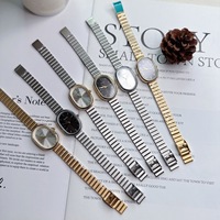 Vente Flash Montres Ovales Magnifiques pour Femmes Filles, Simple Bracelet en Acier Inoxydable Argent Or, Montres-Bracelets Minimalistes à Quartz