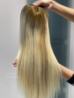 Prothèse capillaire SHY en cheveux naturels, base mono, cheveux Remy, blonds avec mèches, design à raie centrale, couleur personnalisée, sur mesure