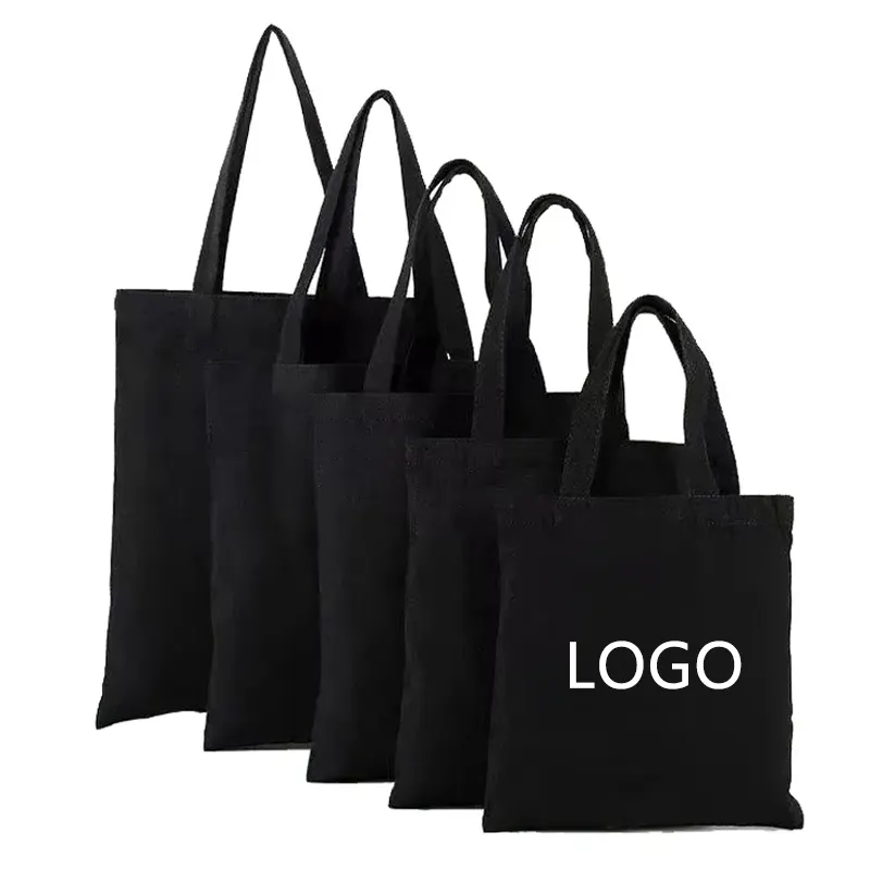 Wholesale black organic Eco Friendly cotton shoulder bags recycled Customized 100% cotton canvas shopping tote bag with pockets