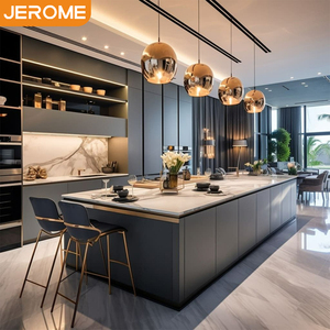 Meuble de cuisine îlot social grand format JEROME, sans poignée, profil <span class=keywords><strong>Gola</strong></span>, gris anthracite mat, en pierre frittée, avec finition Bookmatched - Product Image 1