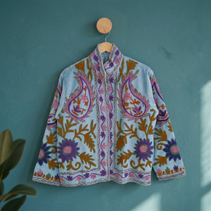 Veste en velours bleu ciel pour femmes, style Suzani, brodée à la main, motif floral Paisley, blazer court décontracté, devant ouvert, doublure rayée - Product Image 5