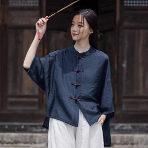 Traditional Chinese Women's Summer Top Navy Blue Cotton Linen Frog Button Loose Fit Tea Dress Sun Protection Air Conditioning - Product Image 1