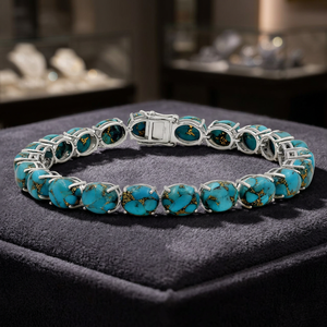 Bracelet tennis classique en argent sterling avec pierre ovale turquoise bleu cuivre, sertissage à griffes, finition polie miroir, bijou cadeau - Product Image 3