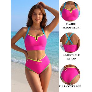 Traje de Baño de Dos Piezas para Mujer, Bikini de Cintura Alta con Cuello en V, Control de Abdomen, Estilo Deportivo con Ribete en Contraste, Color Neón - Product Image 5