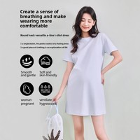 Robe de maternité en coton uni à col ras du cou et manches courtes pour femme, nouvelle collection Printemps/Été 2026, mi-longue, moulante, couvrant le ventre, design amincissant