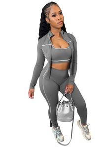 定制标志秋季2026女式三件套慢跑者套装运动服套装背心夹克和打底裤瑜伽运动服女式套装 - Product Image 3