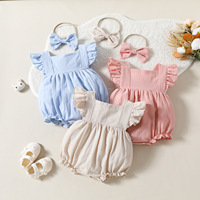 Combinaison sans manches pour bébé fille, combinaison de couleur unie, ensemble bandeau pour cheveux, vêtements pour nouveau-né
