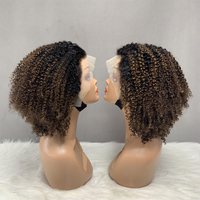 Perruques en cheveux humains afro bouclés crépus bon marché en gros, qualité 12A, 12 pouces, 2 tons de couleur, perruque frontale 13*4