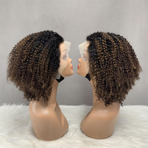 Perruques en cheveux humains afro bouclés crépus bon marché en gros, qualité 12A, 12 pouces, 2 tons de couleur, perruque frontale 13*4 - Product Image 2