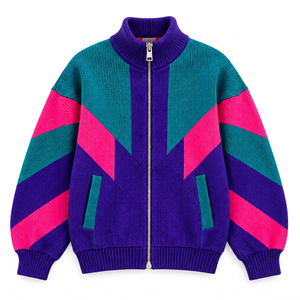 Custom OEM <b>Men</b> Vintage Color Block <b>Zip</b> <b>Up</b> Knit <b>Cardigan</b> Winter Stand Collar Knit Jacket - Product Image 2